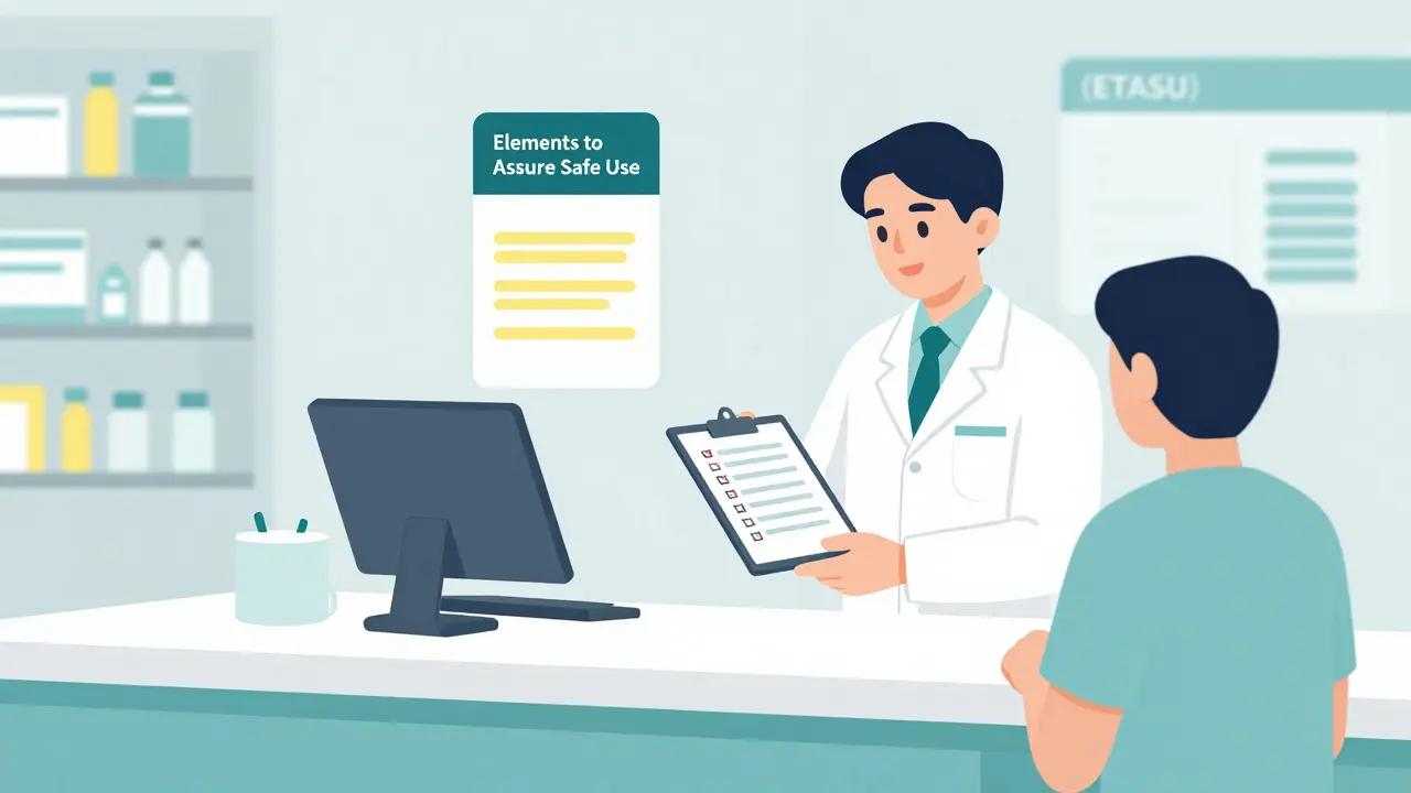 A pharmacist verifying safety documentation on a tablet and clipboard in a modern clinic.