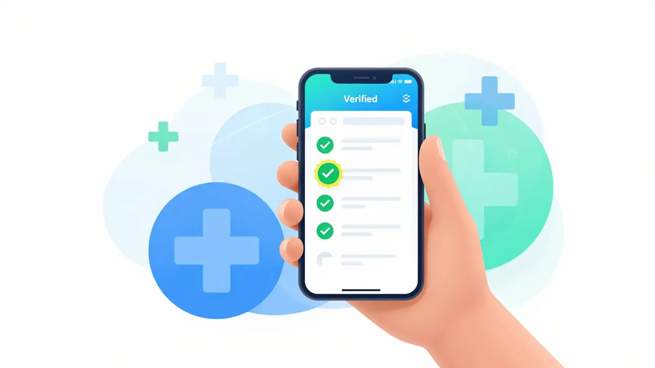 A smartphone app showing verified medical safety checks and digital health connectivity.