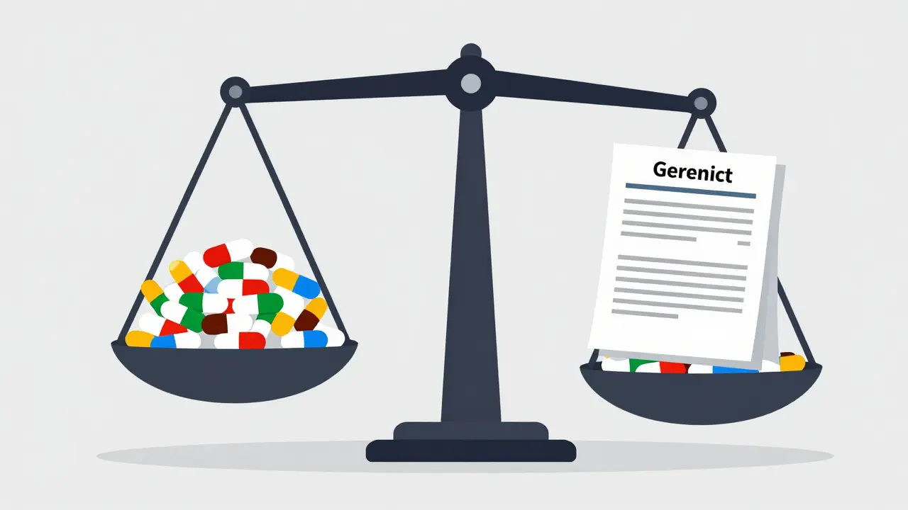 Balance scale showing the discrepancy between generic drug volume and reporting rates