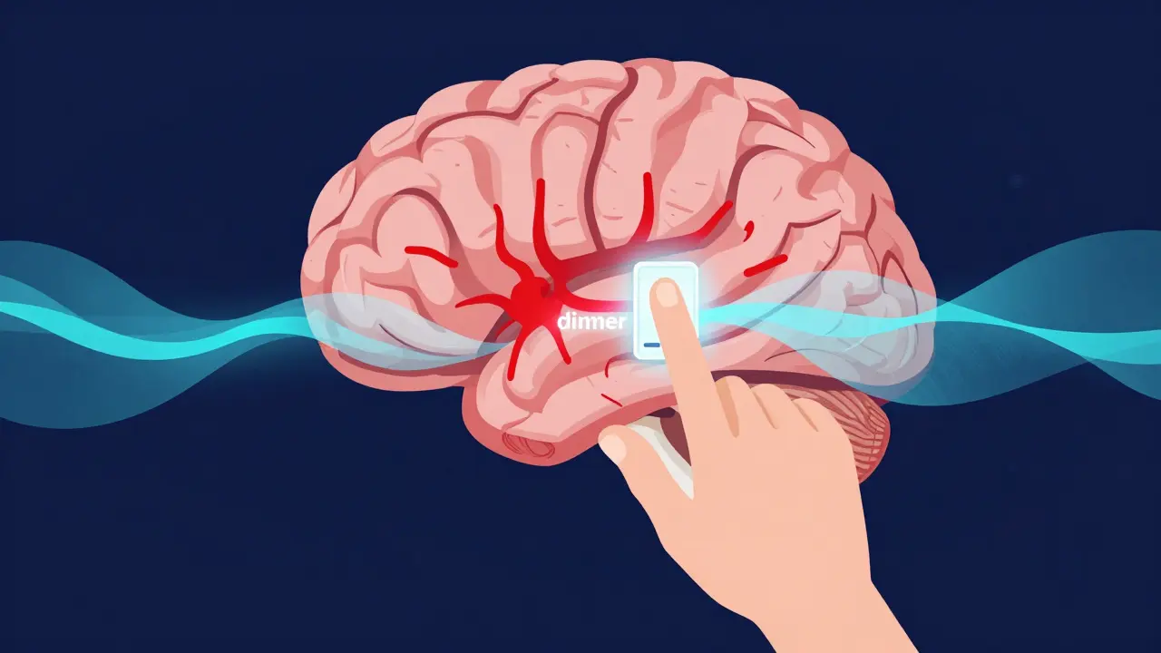 Conceptual illustration of a dimmer switch reducing red pain signals to calm blue waves in the brain.