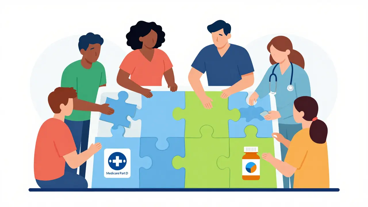 Family and administrator assembling a puzzle of Medicare and Medicaid drug coverage icons.