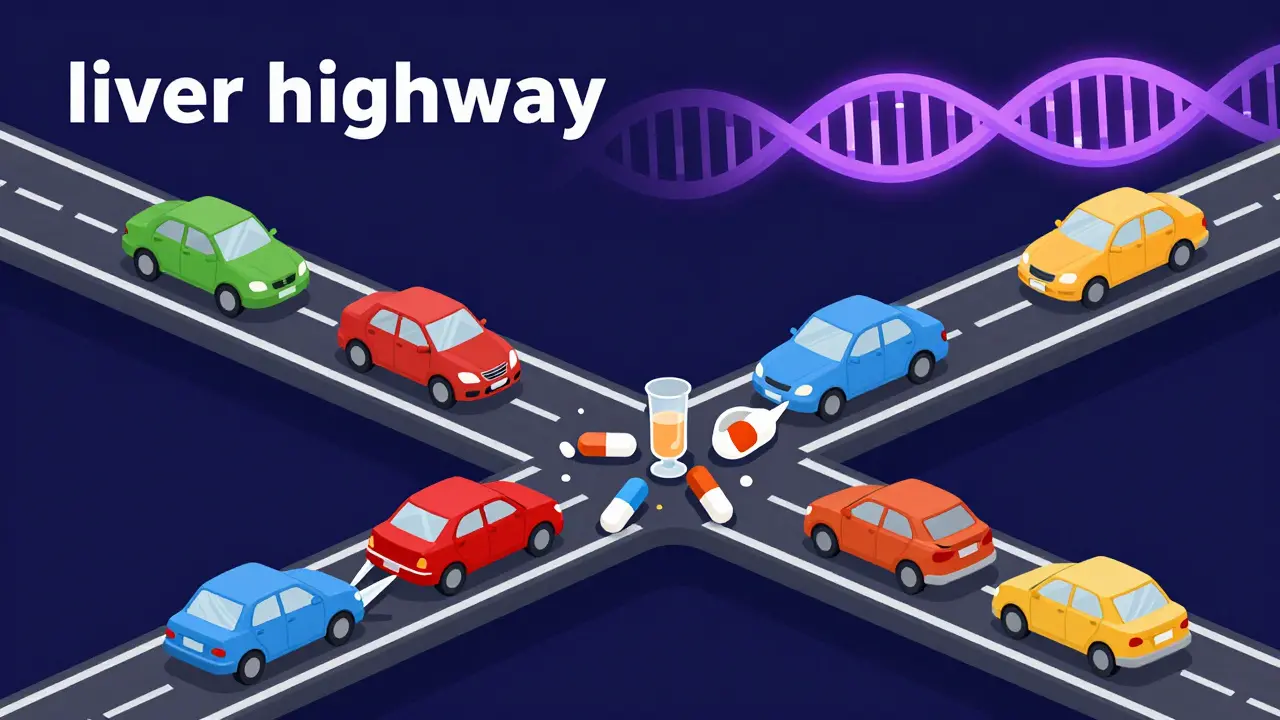 Flat illustration of a crowded highway representing drug interactions in the liver's P450 system.
