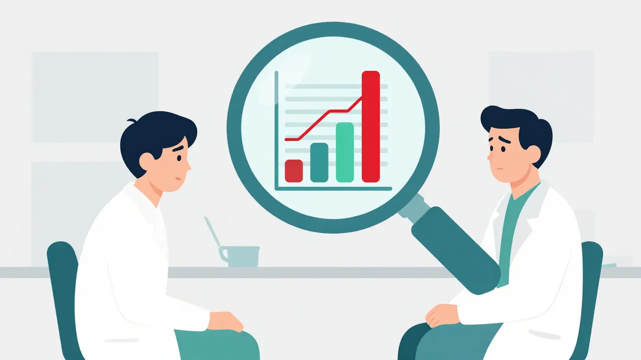 Flat illustration of a patient and a doctor reviewing a blood test with spiking liver enzyme levels.