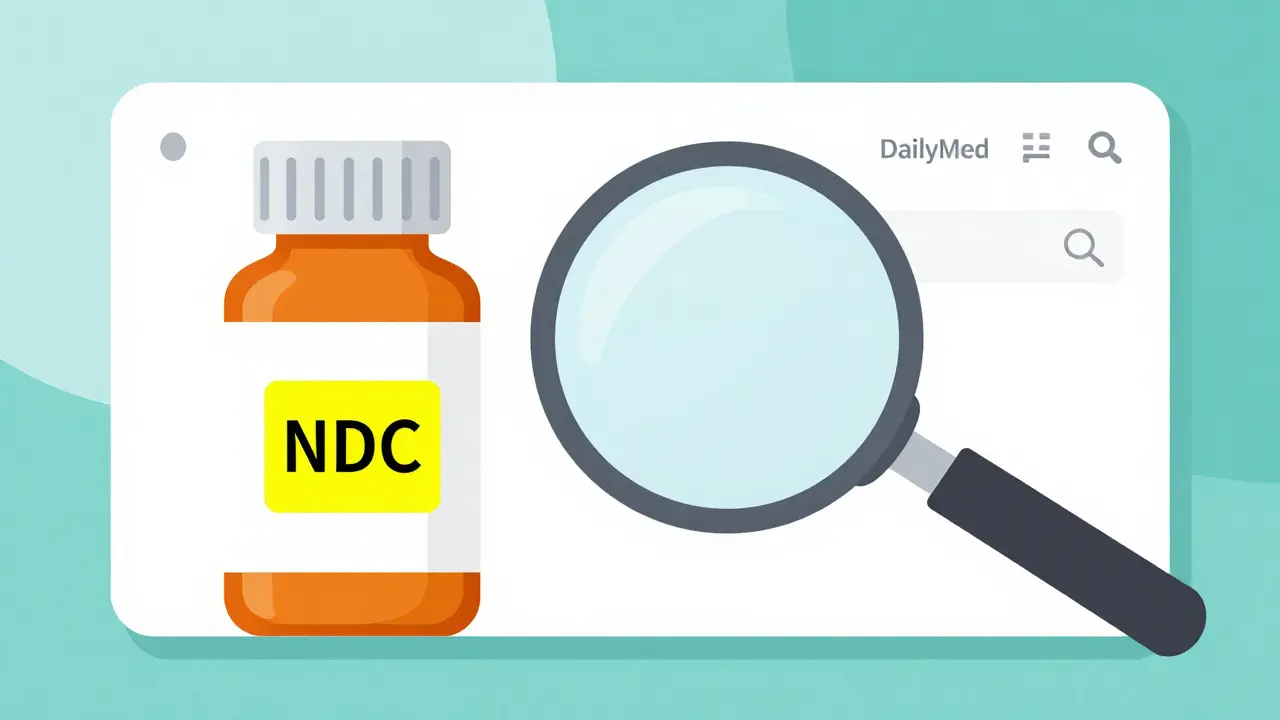 Magnifying glass highlighting an NDC code on a medicine bottle next to a database search