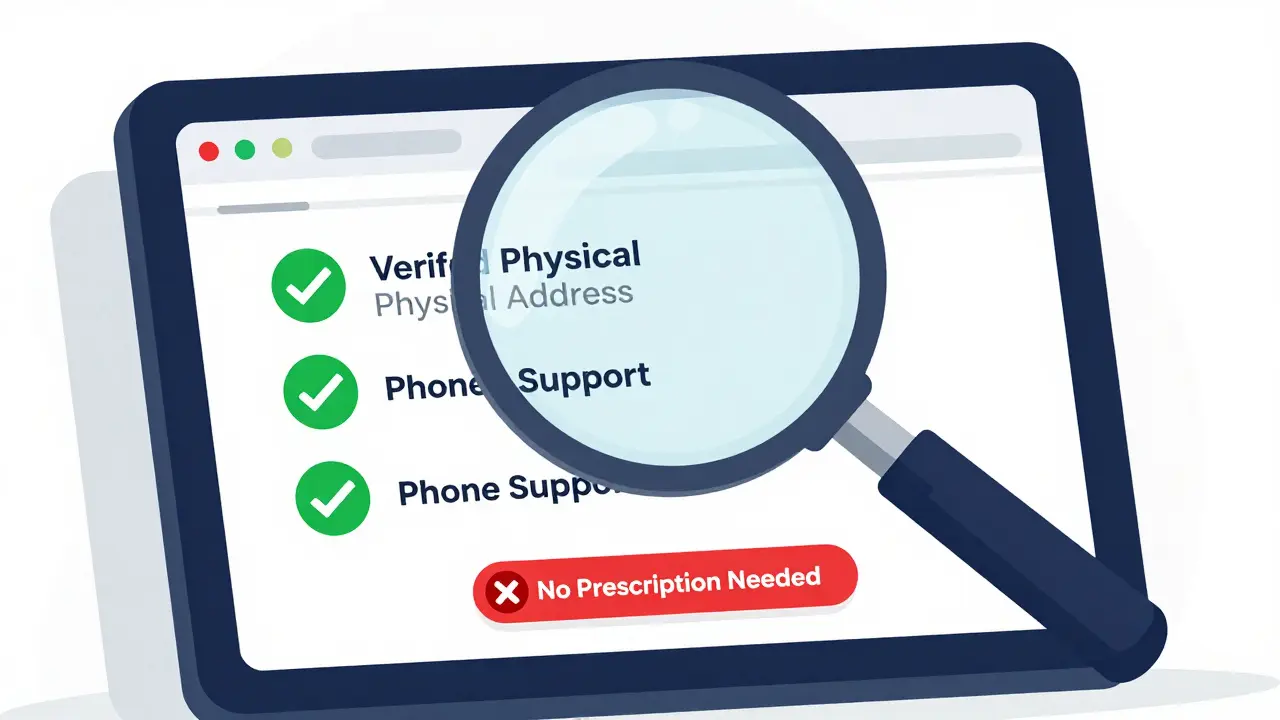 Magnifying glass verifying a legitimate online pharmacy website with security checkmarks.