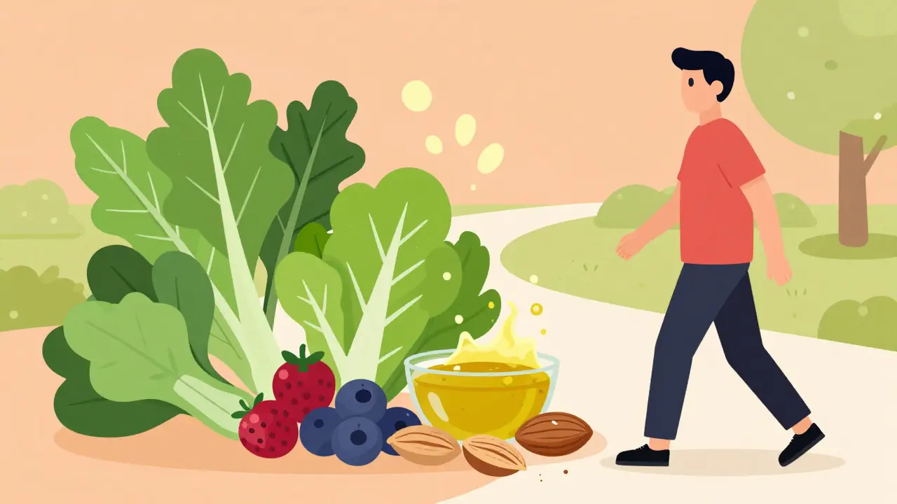 Mediterranean diet foods and exercise routine visualized.