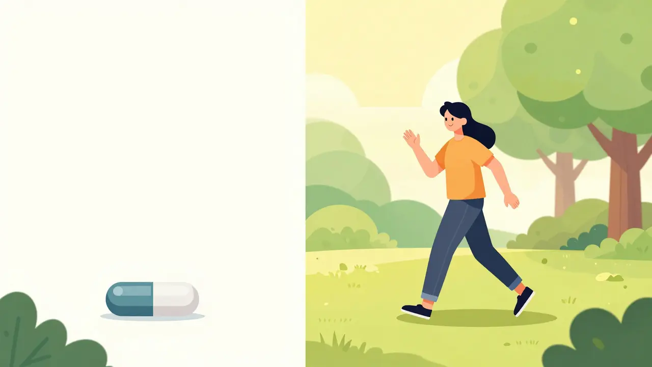 Person walking in a sunny park, illustrating a multimodal approach to pain management.