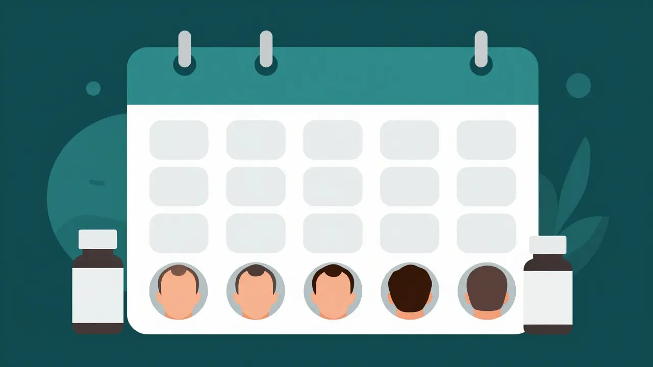 Progress photos and a calendar showing hair regrowth over six months