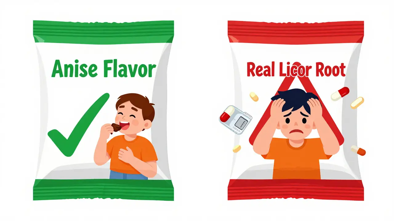 Cartoon comparing safe anise candy vs risky real licorice with medications.