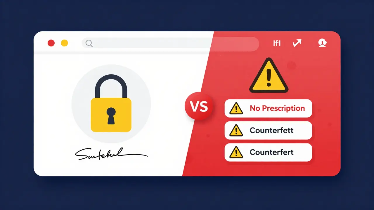 Comparison of safe verified pharmacies vs unsafe online scams