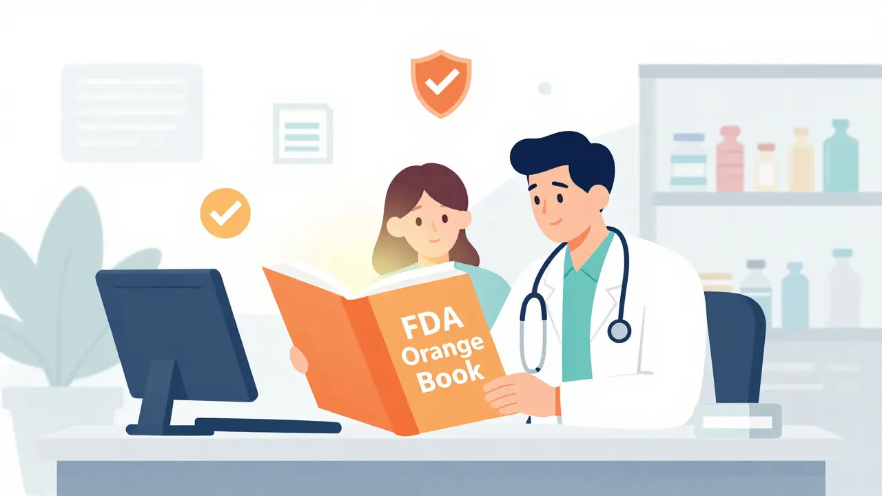 Doctor and pharmacist reviewing a glowing guidebook for drug equivalence