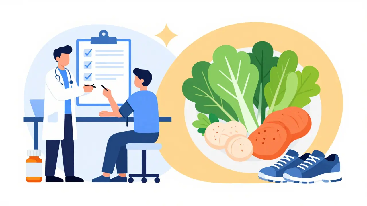 Doctor-patient consultation with healthy food and exercise icons