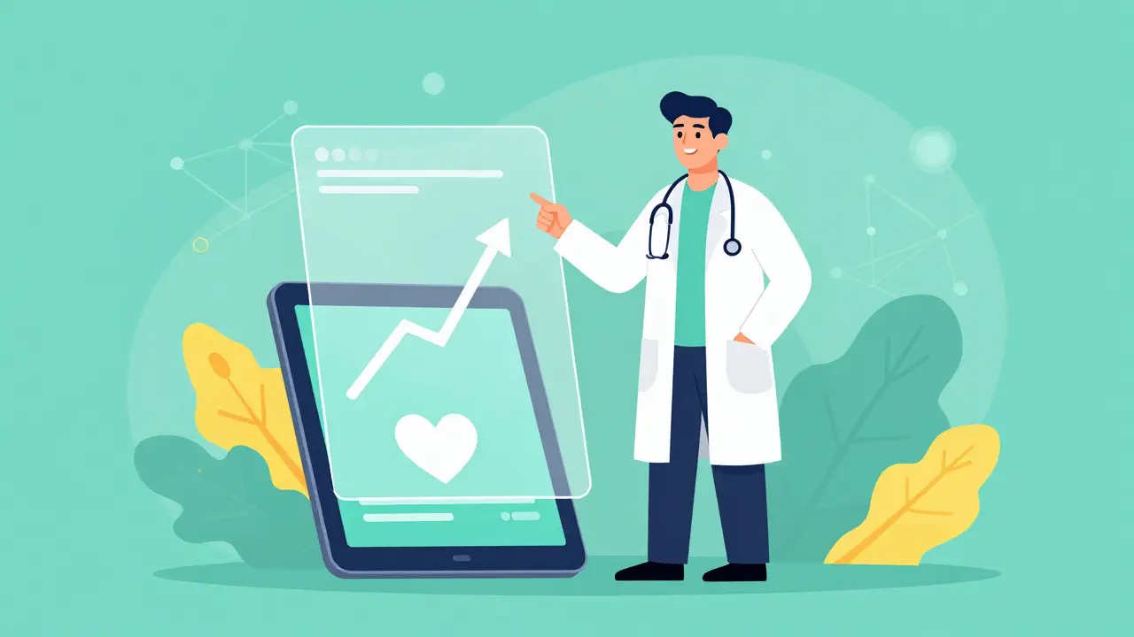 Doctor using a tablet displaying positive health outcome icons