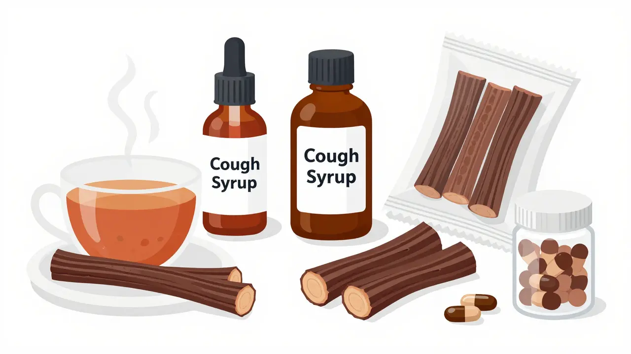 Flat graphic of herbal tea, cough syrup, and candy representing hidden licorice sources.