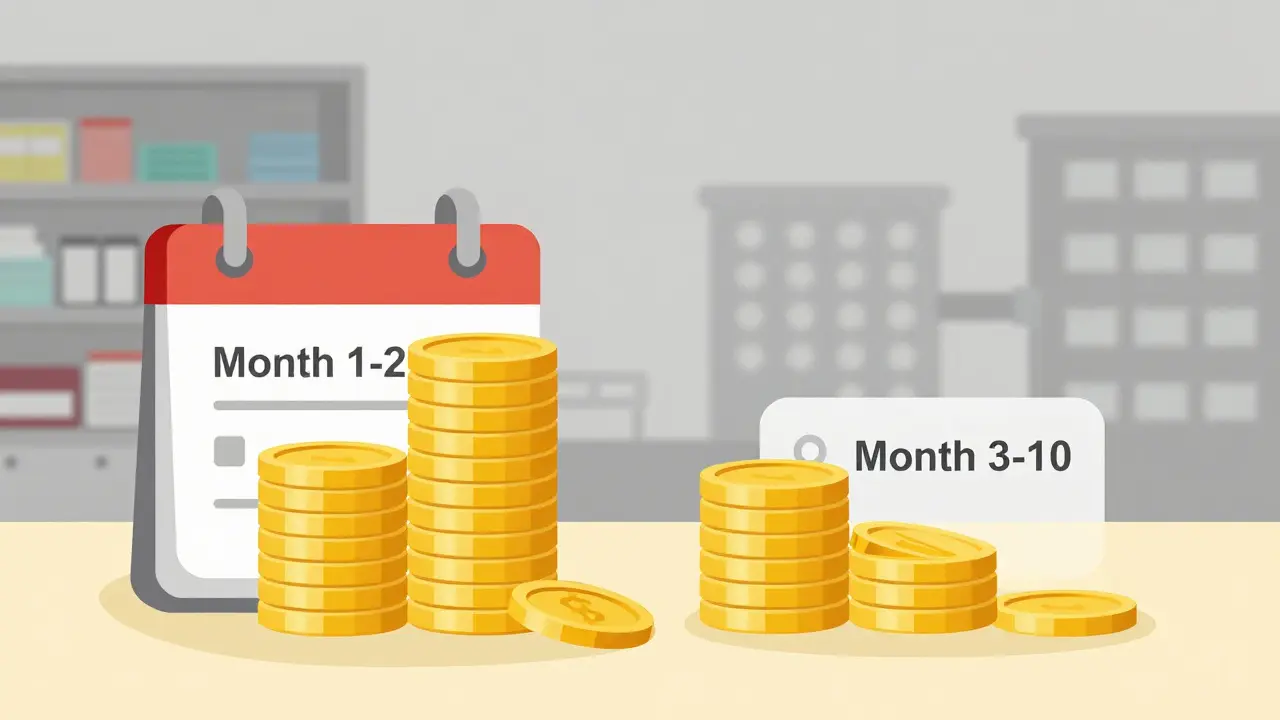 Flat illustration depicting revenue differences based on drug launch speed.