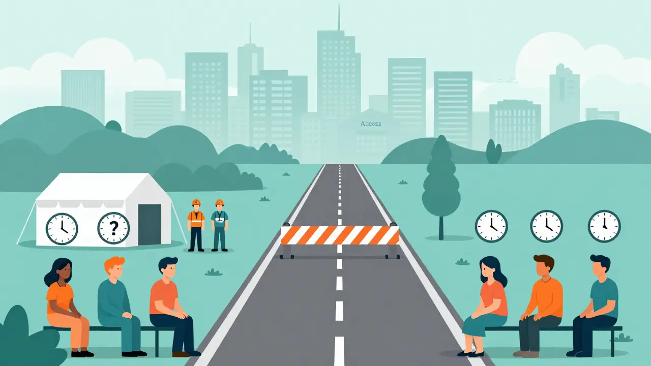 Flat illustration of patients waiting at a blocked road symbolizing delayed generic drug market entry.
