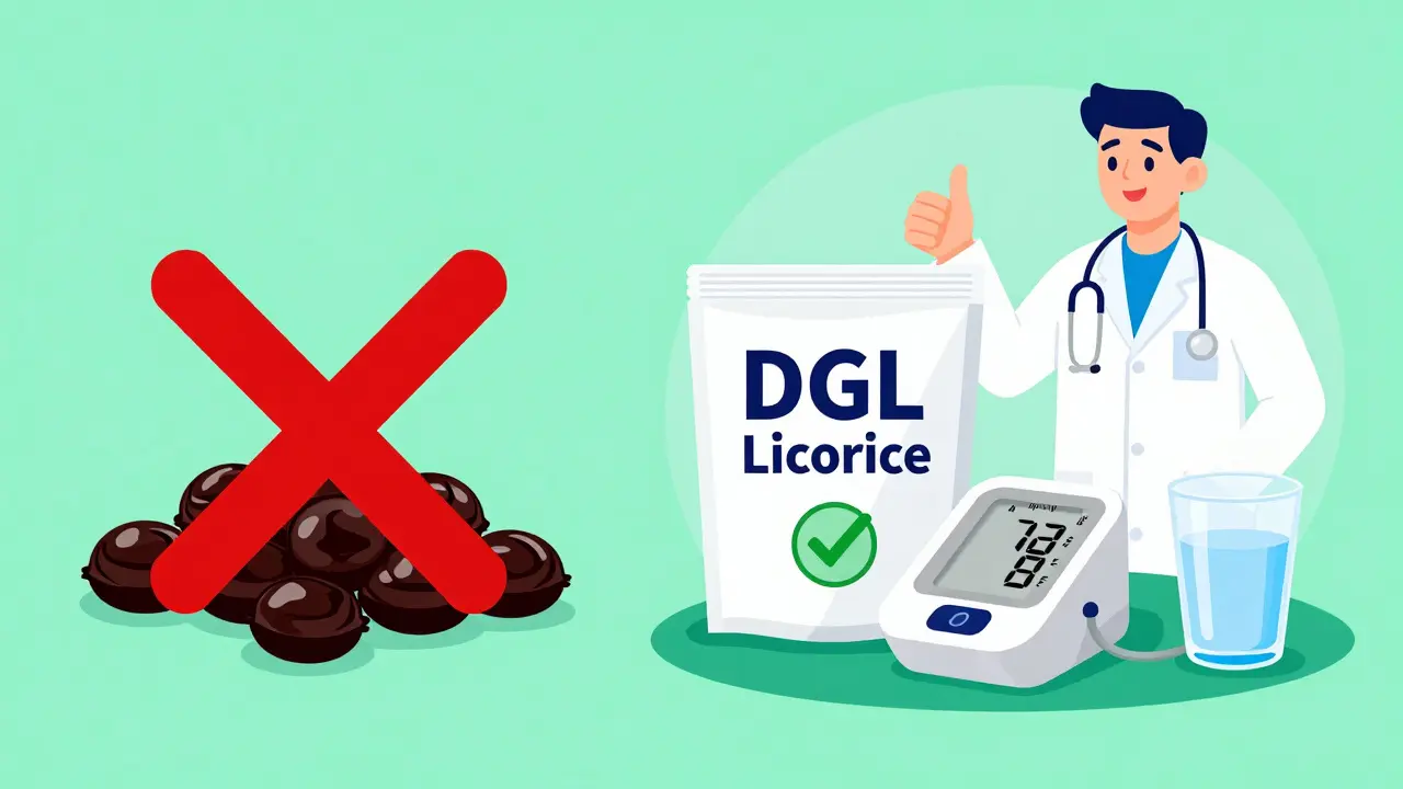 Illustration comparing dangerous black licorice with safe DGL alternative and monitoring.