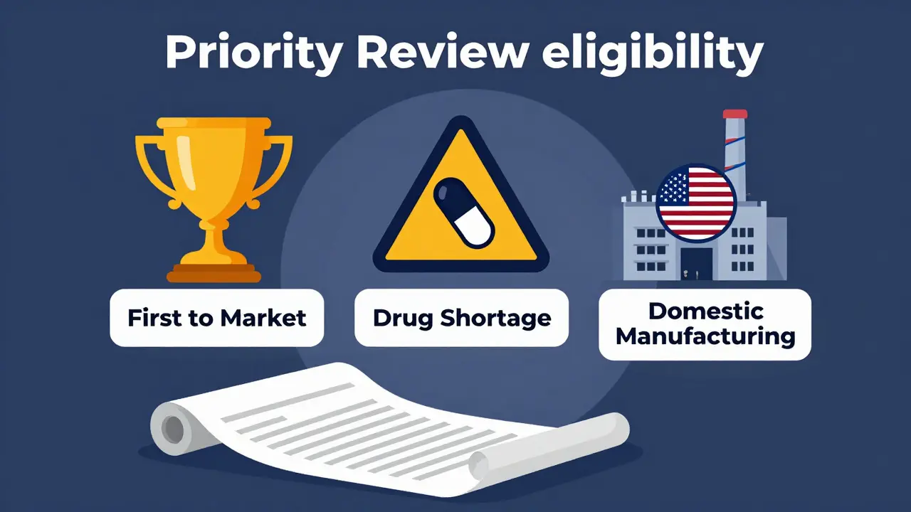 Illustration showing three criteria for FDA priority review eligibility.