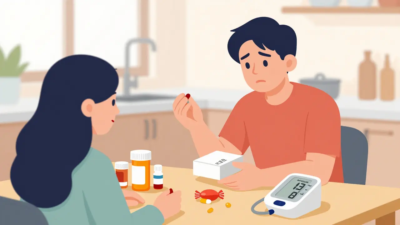 Person checking blood pressure next to licorice candy and prescription pills.