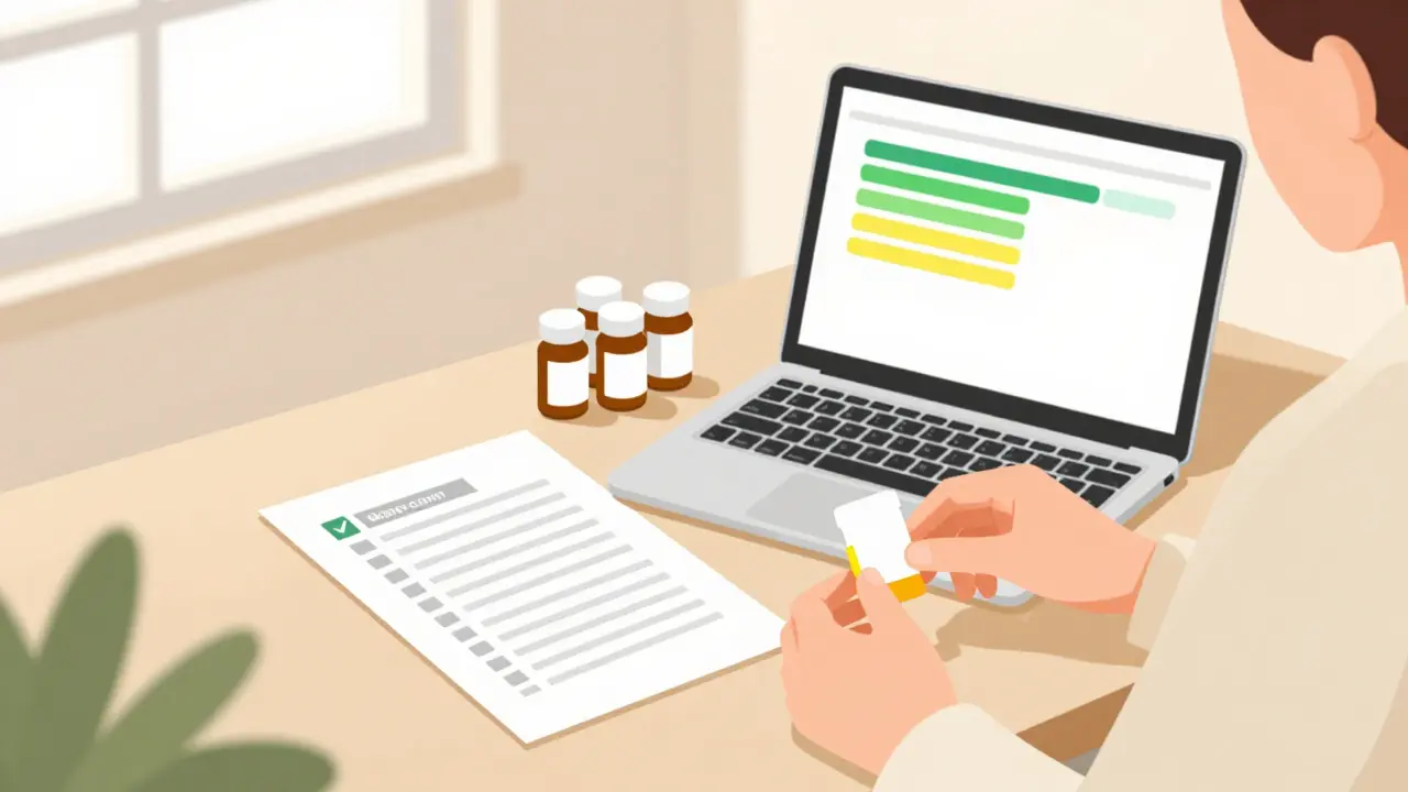 Person organizing meds and checking a list at a sunny desk