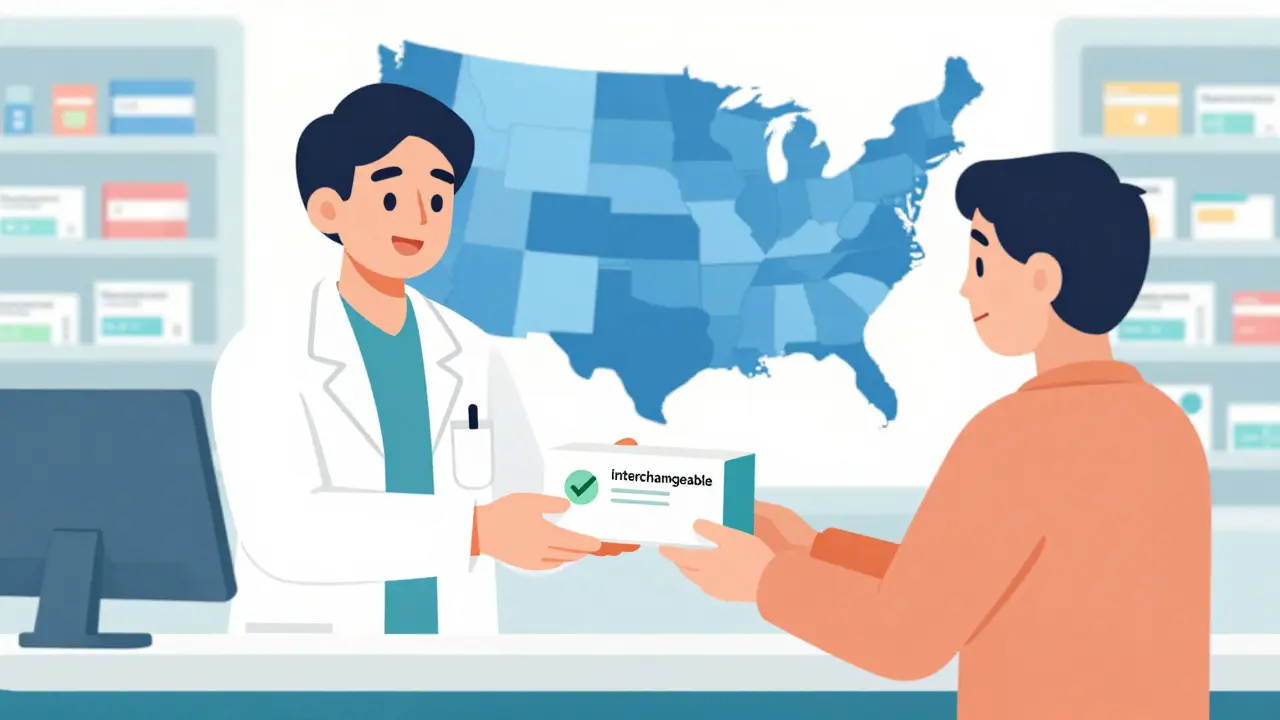 Pharmacist handing a biosimilar prescription to a patient at a counter