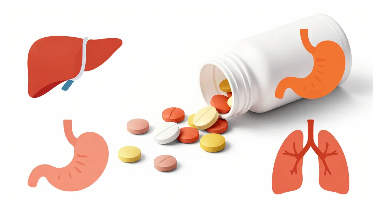 Pills spilling from a bottle with icons showing liver and stomach organs.