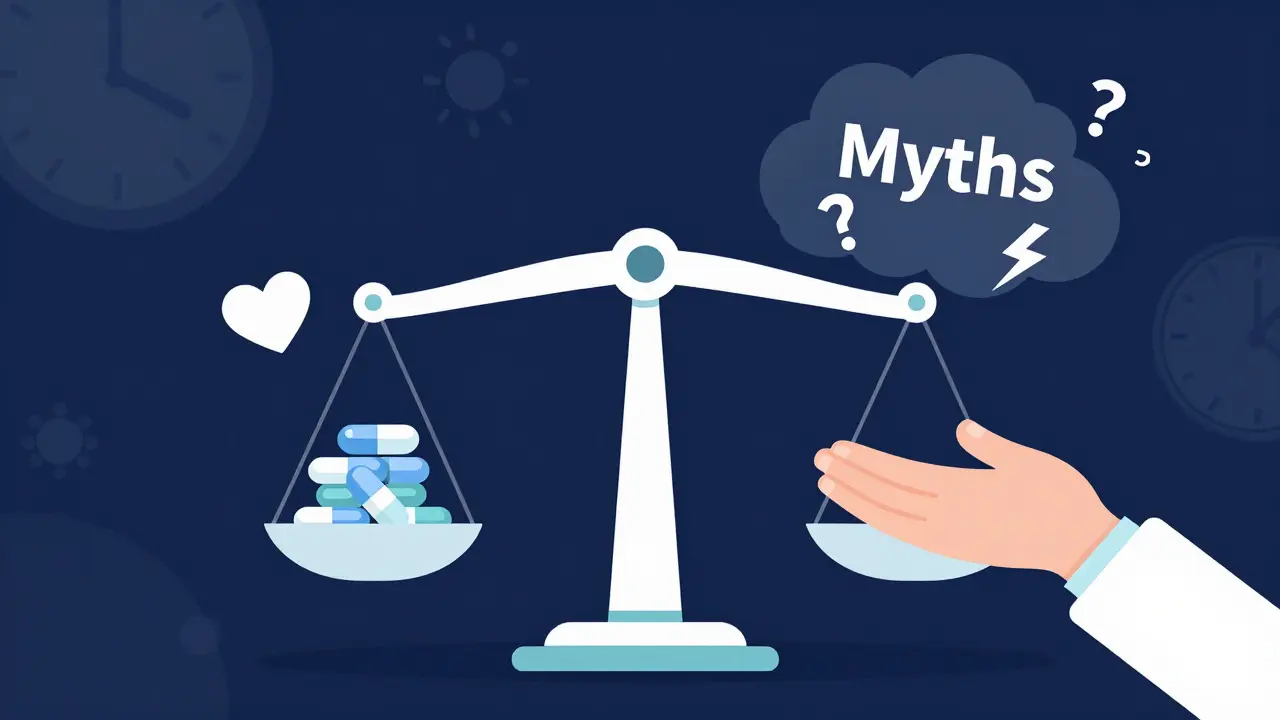Scale balancing metformin benefits against debunked myths and fears