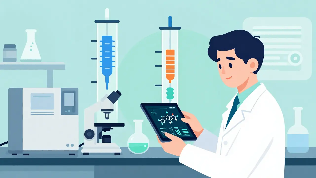 Scientist analyzing molecular data on a tablet in a modern lab setting