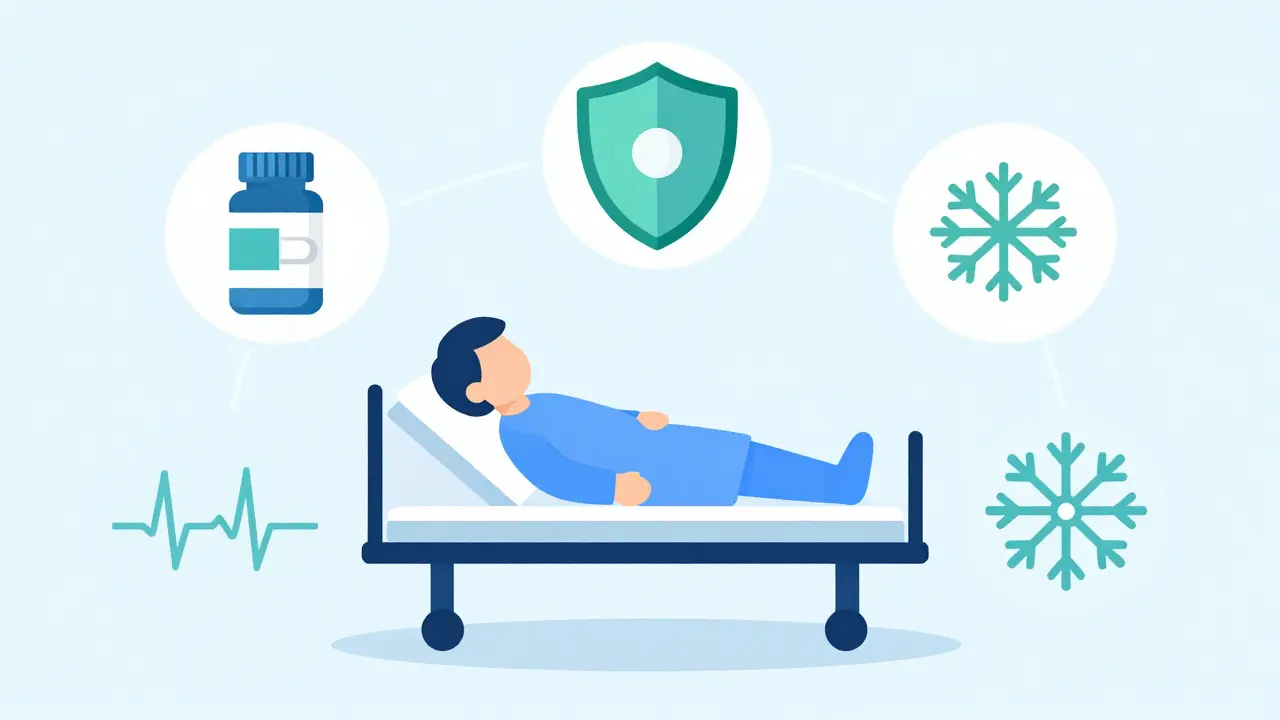Abstract icons surrounding a patient representing ICU treatments for thyroid crisis