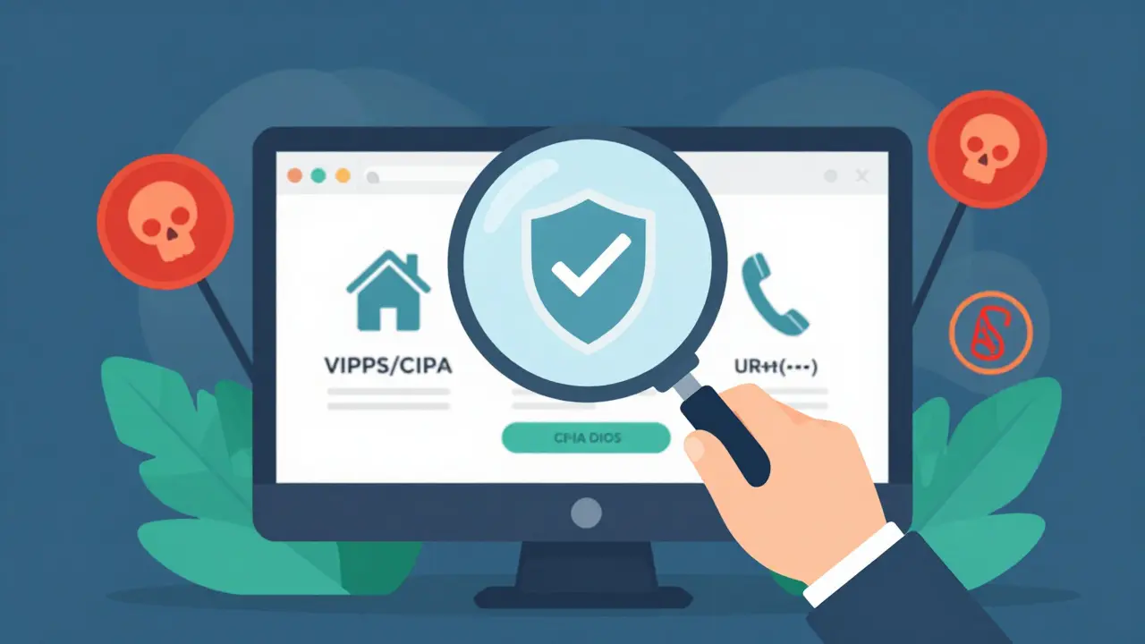 Checking for safety seals and contact info on an online pharmacy site