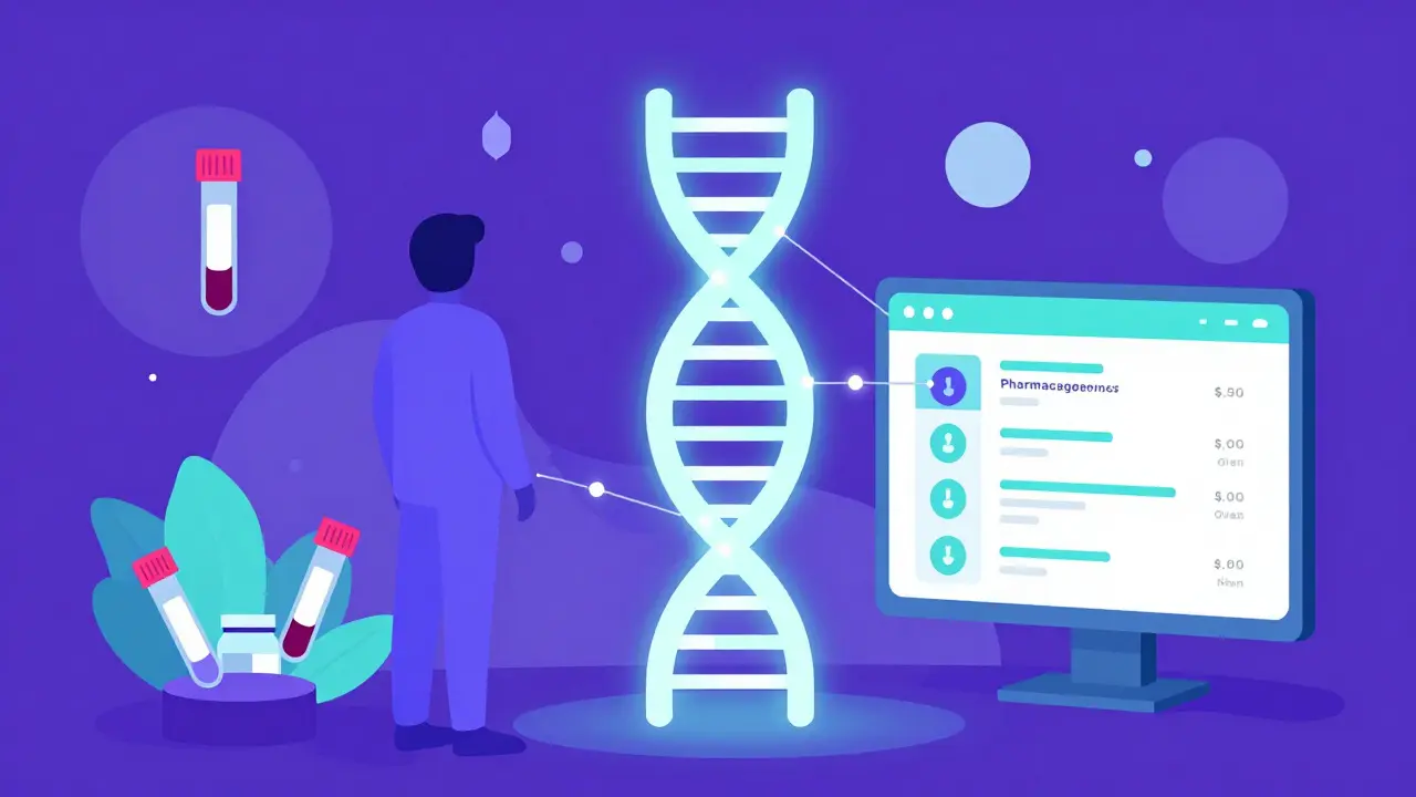DNA helix connecting to patient care for personalized drug dosing