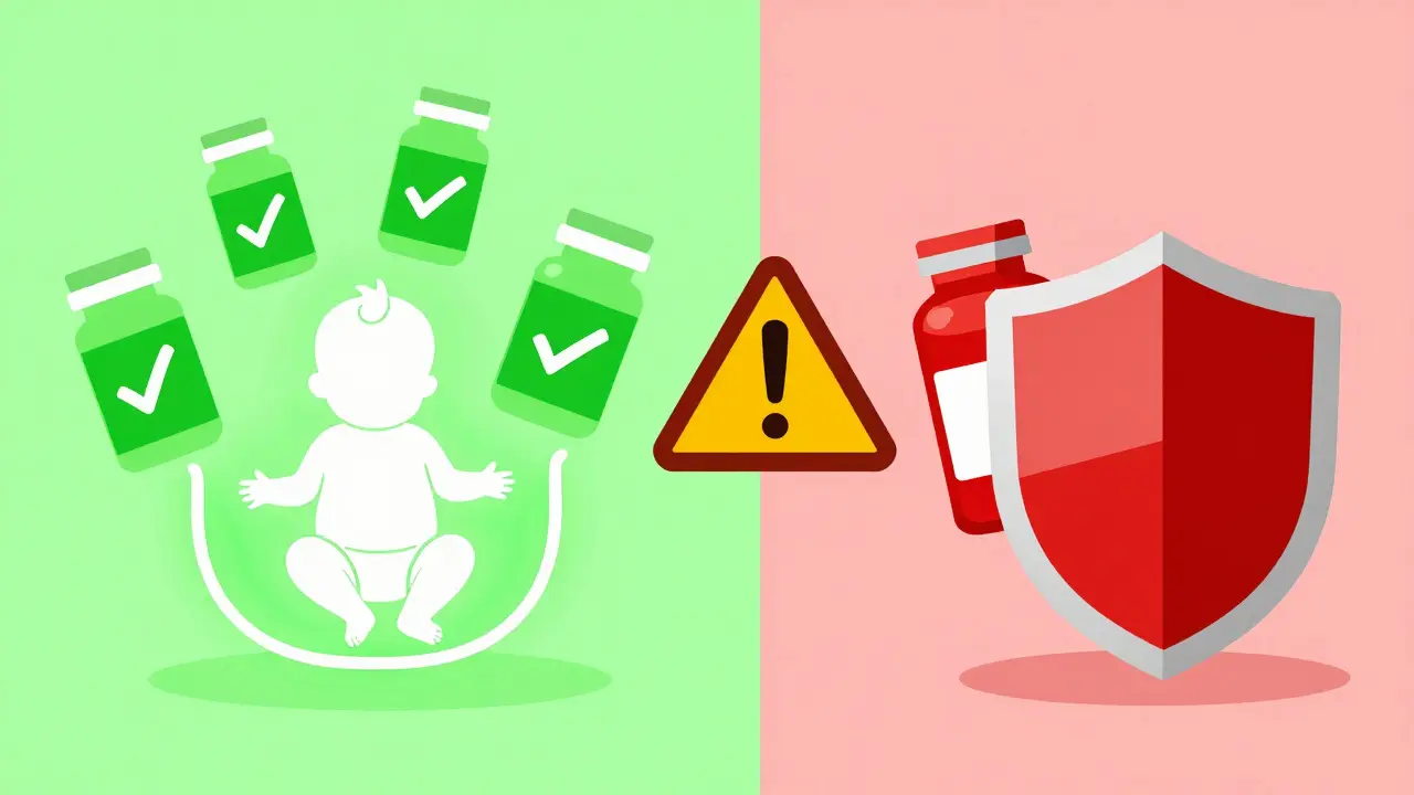 Graphic comparing safe and unsafe antibiotics for pregnancy