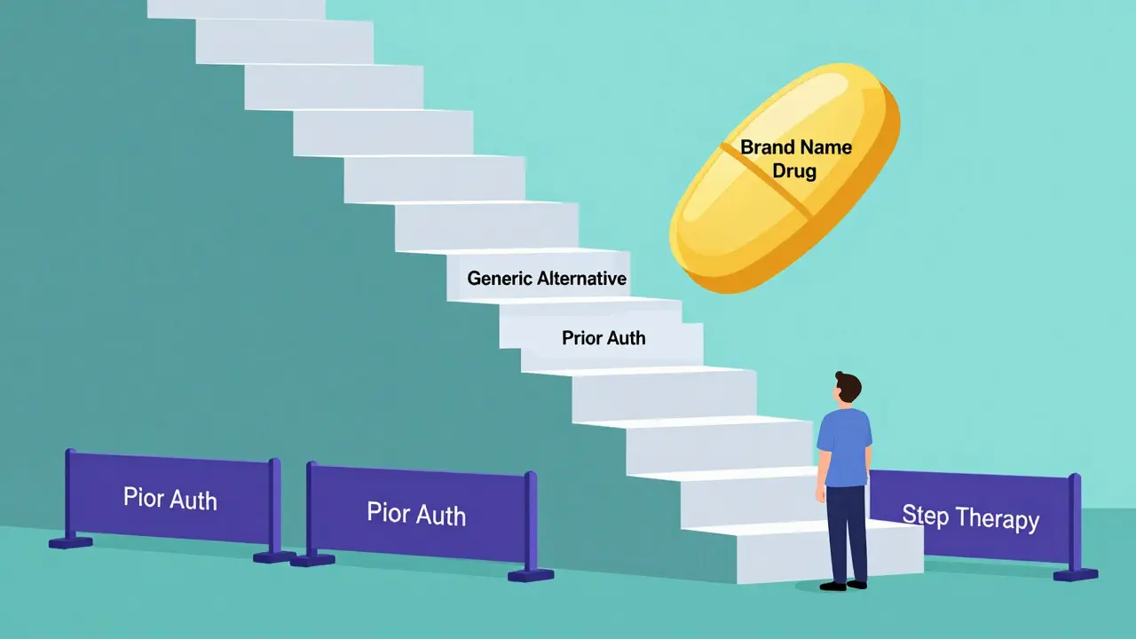 Illustration of step therapy stairs blocking access to brand name drugs