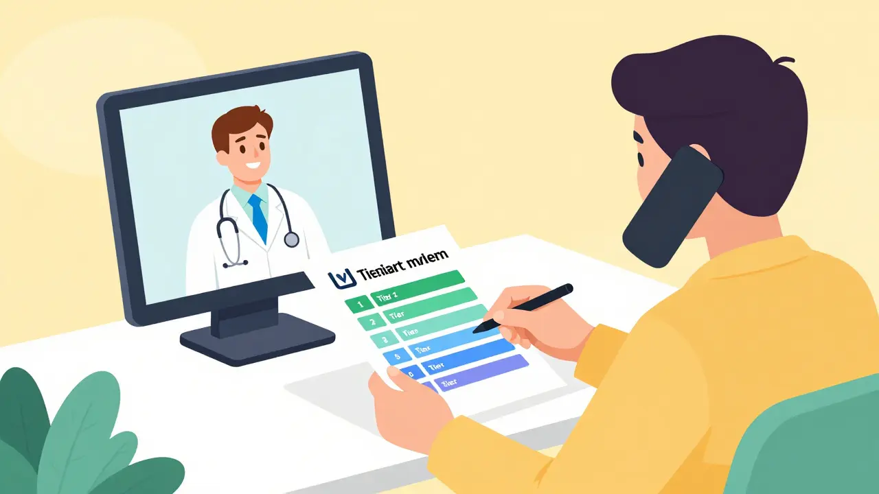 Patient reviewing insurance tiers and consulting a pharmacist online