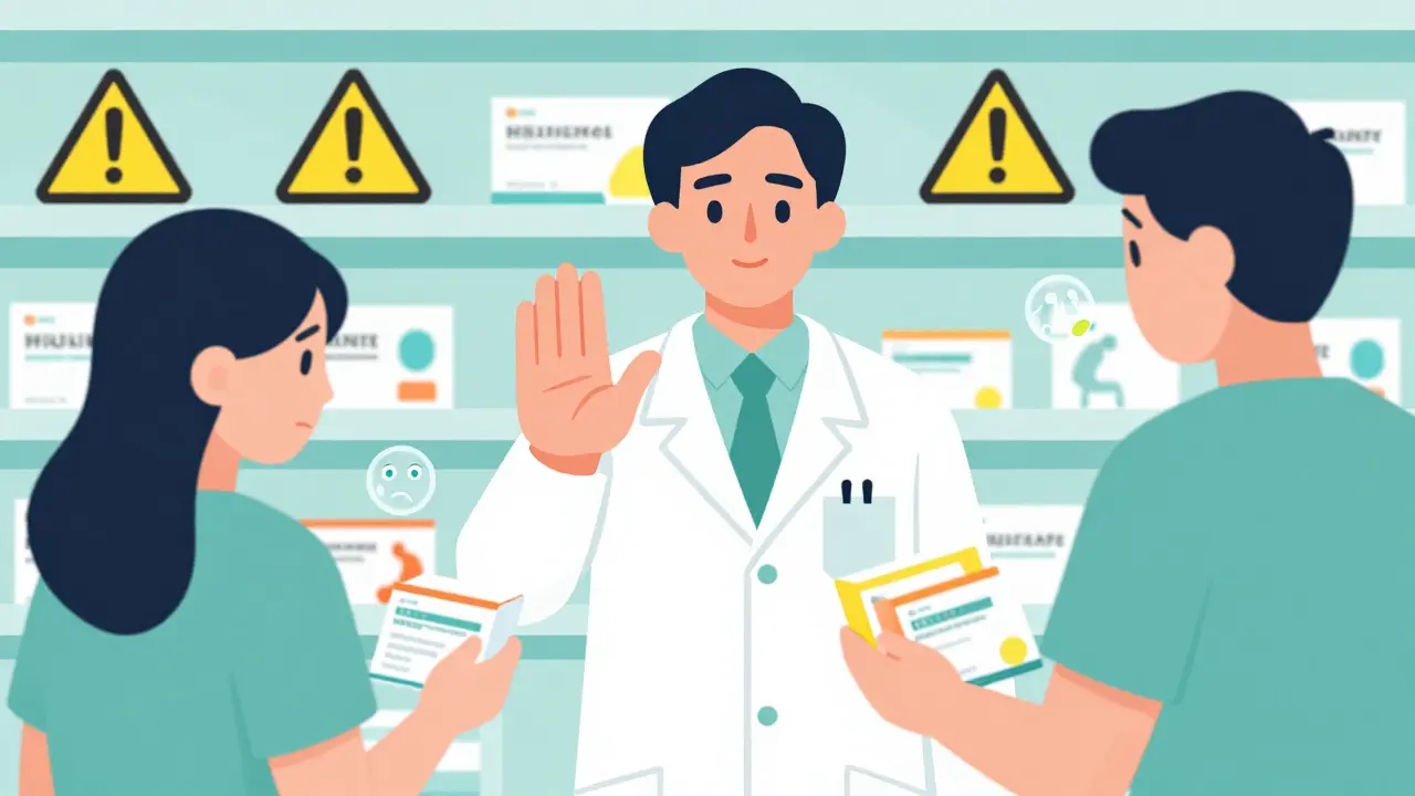 Pharmacist stopping a customer buying multiple meds, with floating symptom icons