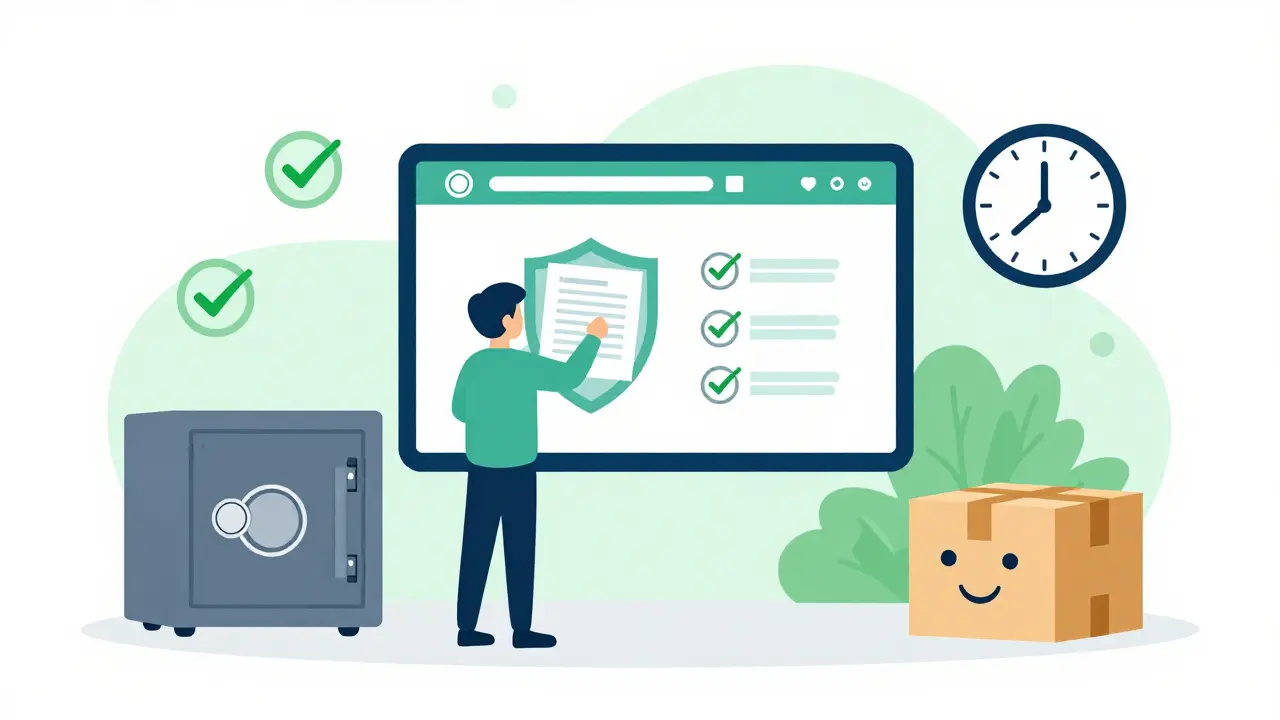 Safe online pharmacy ordering process with prescription upload icon