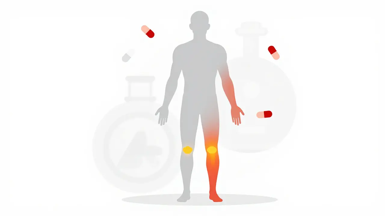 Silhouette of body with inflamed joints and floating pill capsules nearby