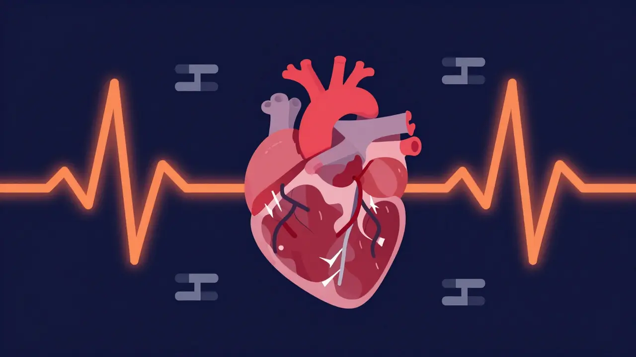 Stylized heart with erratic electrical sparks and distorted ECG waves indicating toxicity