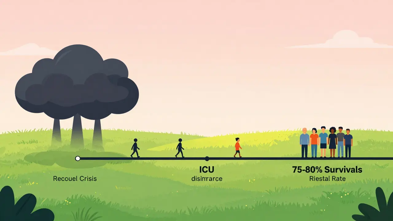 Timeline path showing progression from medical crisis to full recovery