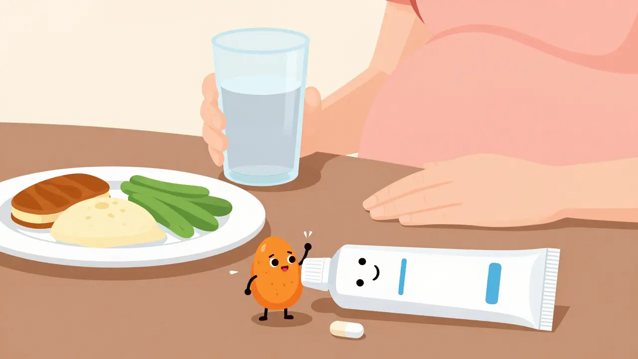 Woman taking antibiotics with food to manage side effects