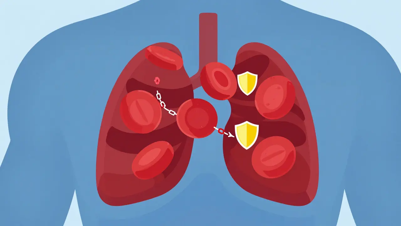 Abstract illustration of curcumin blocking blood clotting mechanisms