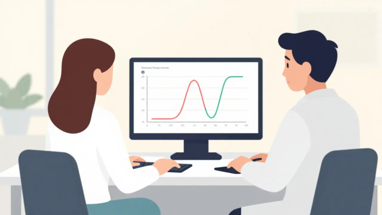 Audiologist and patient reviewing matching hearing aid graphs