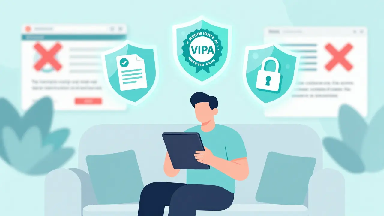Character verifying safe online pharmacy with digital shield icons