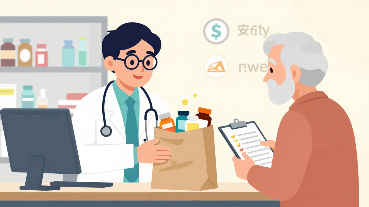 Doctor and pharmacist reviewing medications with senior patient