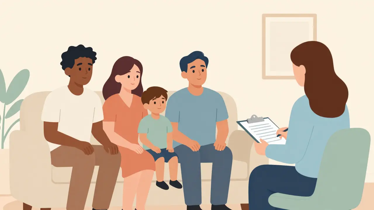 Family meeting with a genetic counselor in a warm, supportive home environment