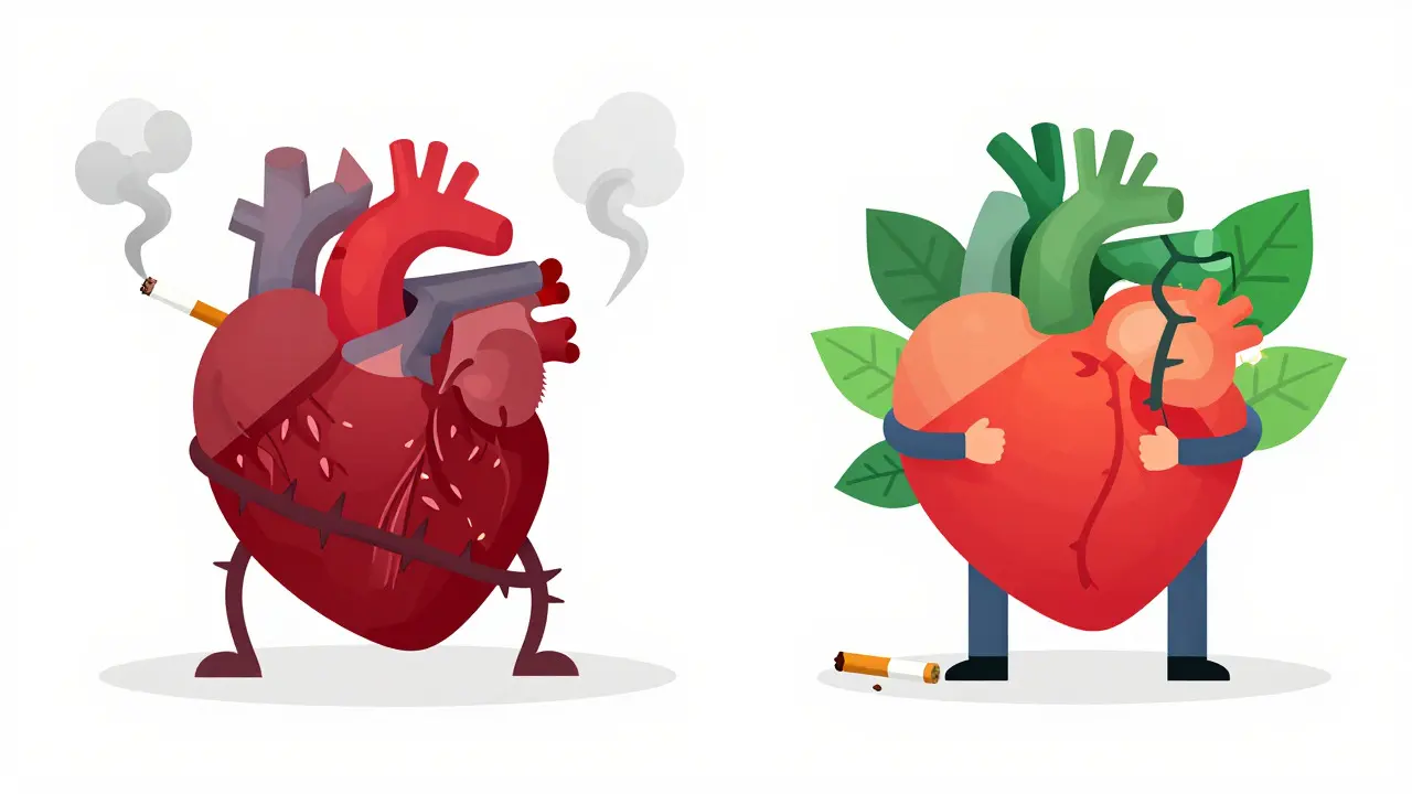 Flat art showing smoking damaging a heart versus quitting healing it.