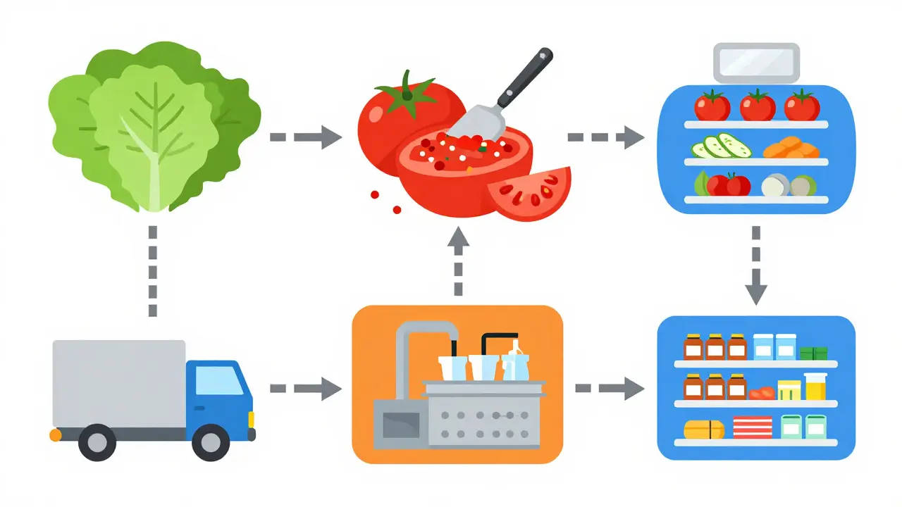 Flat design showing supply chain from farm to store with connected lot codes