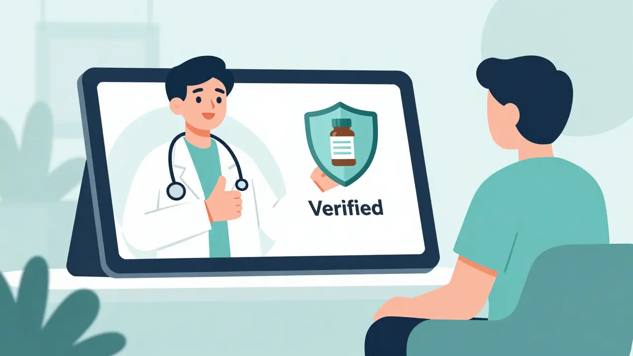 Flat illustration of a patient having a safe video consultation with a doctor
