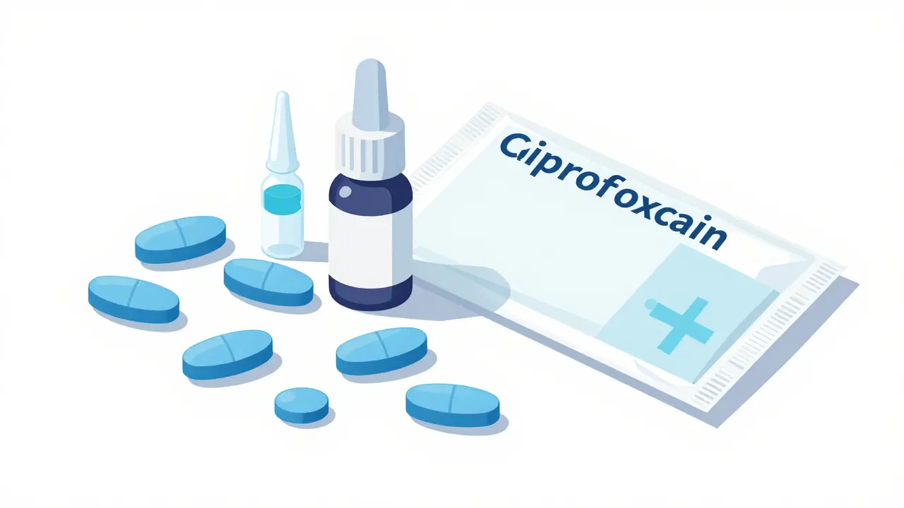 Illustration of generic antibiotic pills, liquid, and drops on a clean surface