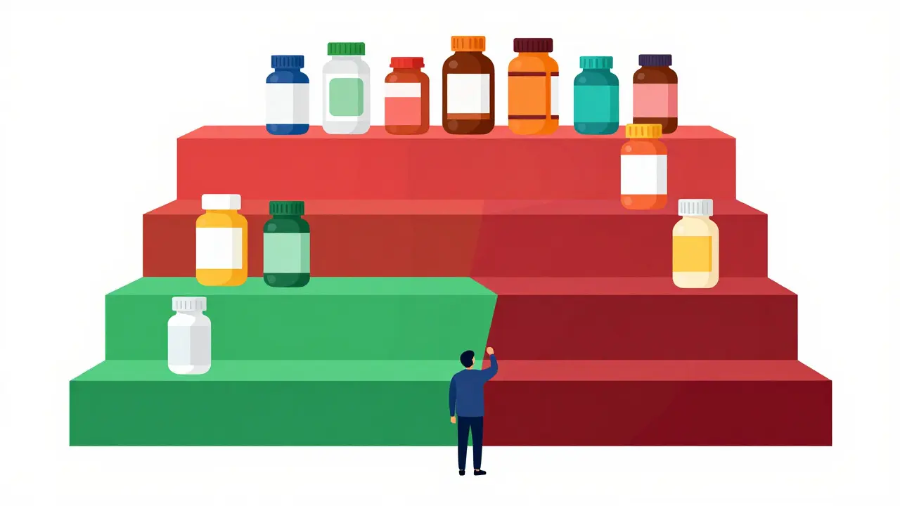 Illustration of medication cost tiers with pills on a ladder